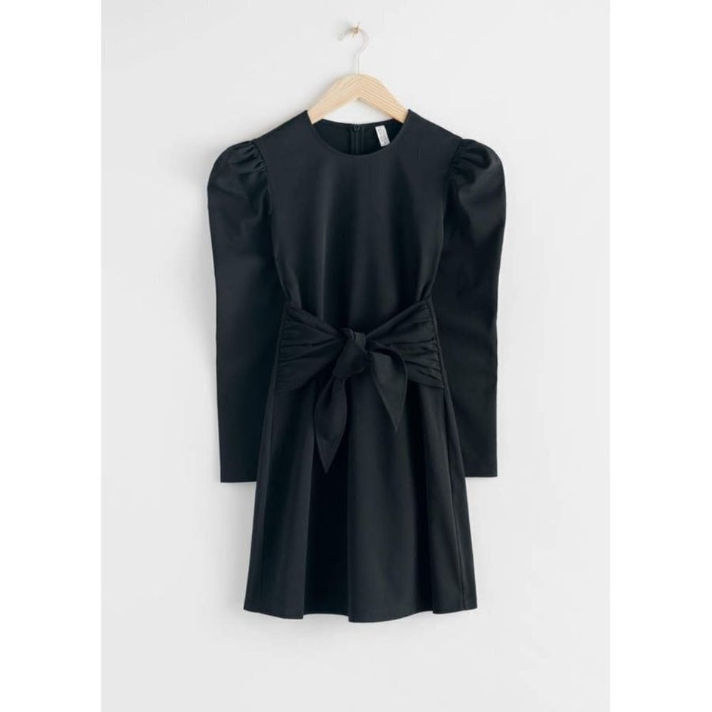 & other stories womens black long Puff‎ Sleeve Knot Tie Mini Dress size 8